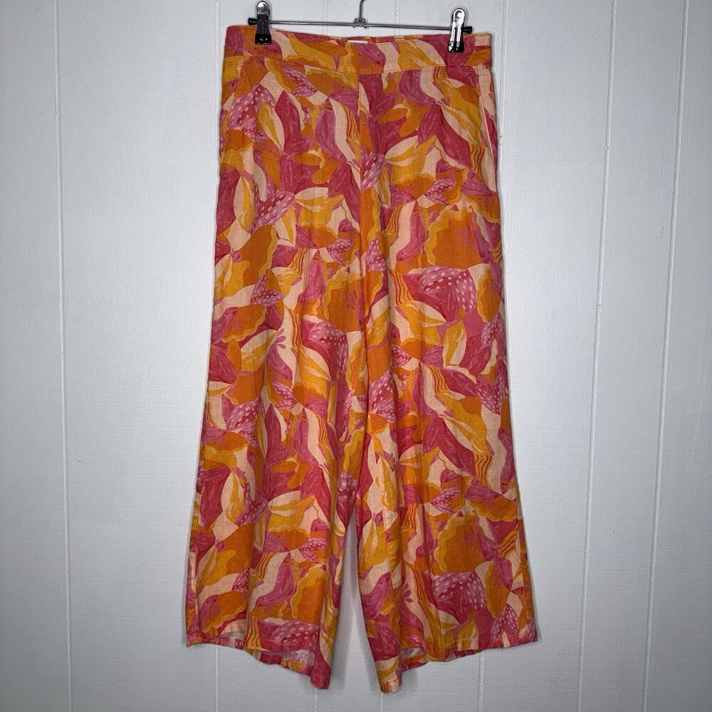 Cynthia Rowley Women’s 100% Linen Floral Crop Wide Leg Pants Pink Orange Size M